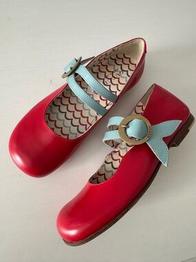 Gucci Red Mary Jane Shoes with Light Blue Strap